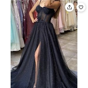 black glitter tulle prom dress